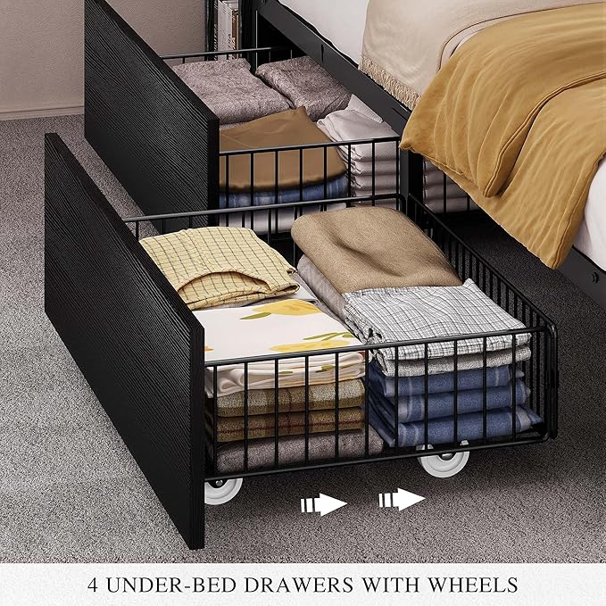 YITAHOME King Size Bed Frame with Bookcase Headboard and 4 Storage Drawers, RGB LED Bed Frame with Type-C & USB Charging Station Storage Headboard Beds, No Box Spring Needed, Noise Free, Black