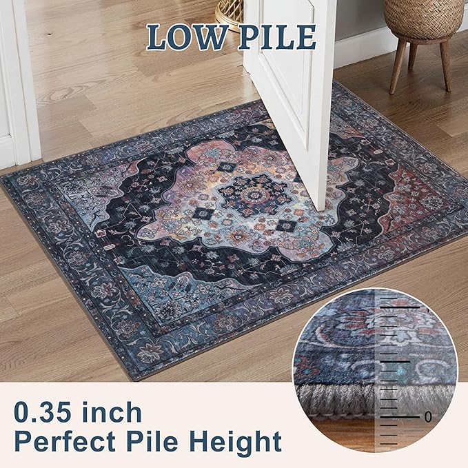 Tangsoo 2.6x8 Washable Runner Rug for Hallways, Non Slip Vintage Runner, Soft Low Pile Long Rug Runner, Print Distressed Navy Carpet Runners for Kitchen Bedroom Entryway Bathroom Living Room