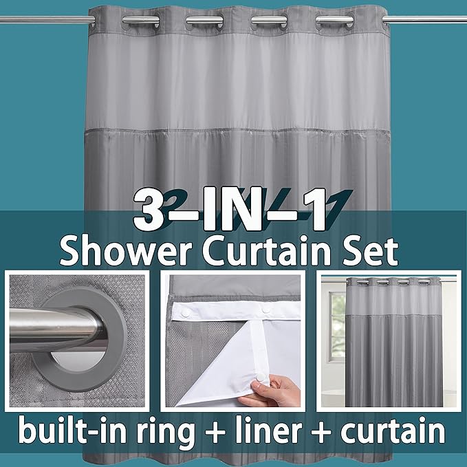 Extra Long No Hook Waffle Weave Shower Curtain with Snap in Liner Set, Hotel Luxury Grey Shower Curtains for Bathroom with See Through Top Window, Waterproof, Washable 71W x 84H Stripe