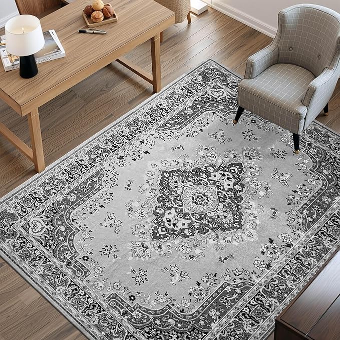 Vintage Area Rug 5x8 Rugs, Machine Washable Vintage Area Rug Non-Slip Low Pile Large Rug for Living Room, Bedroom, Farmhouse, Dining Room, Grey