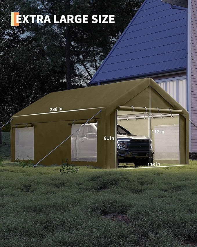 10X20 Ft Carport, Portable Carport with 4 Roll-Up Windows,Doors,Car Port with 200g PE Tarp for Car Boat Truck Motorcycle, Waterproof & UV Protected, Anti-Snow Portable Garage Kit Tent