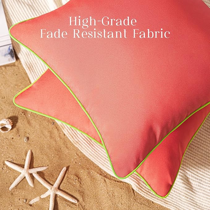 Phantoscope Pack of 2 Outdoor Waterproof Throw Pillow Covers with Contrast Piping, Decorative Square Cushion Case Patio Pillows for Couch Tent Sunbrella, Rose Pink 18x18 inches