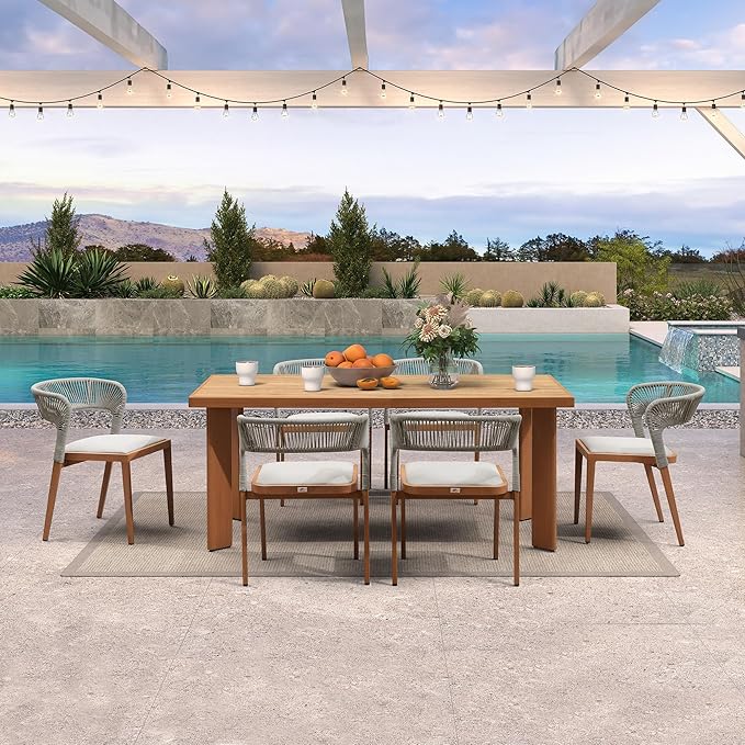 PURPLE LEAF Patio Dining Set for 6 Furniture Set Aluminum Rattan Wicker Patio Table and Chairs Set for Lawn Backyard Deep Teak