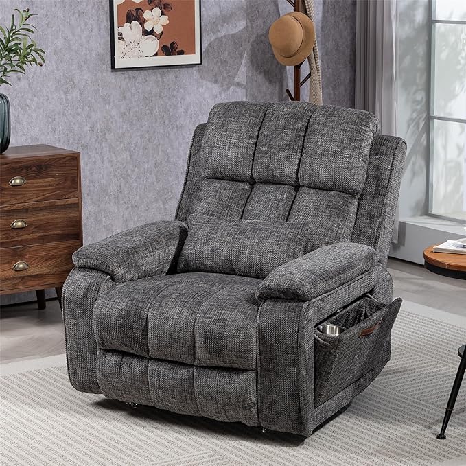 Power Recliner Chair with Heat and Massage, Dual Motor Lumbar Lift Recliner Chairs for Elderly, 180° Lay Flat Recliner with Side Storage Cup Holder and USB Type C Charging for Adults