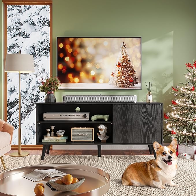 WLIVE TV Stand for 55 Inch TVs, Entertainment Center with Storage Cabinet, Mid-Century TV Stands for Living Room and Bedroom, 50" TV Console, Black
