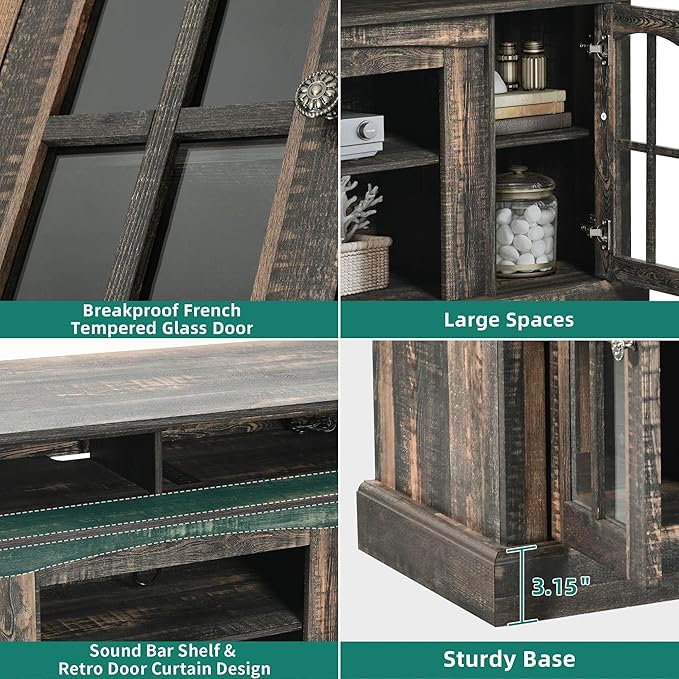 YITAHOME LED Farmhouse TV Stand for 65 Inch w/Outlets, Modern Entertainment Center with Glass Doors and Adjustable Storage Shelves, Media Console TV Cabinet for for Living Room, Dark Rustic Oak