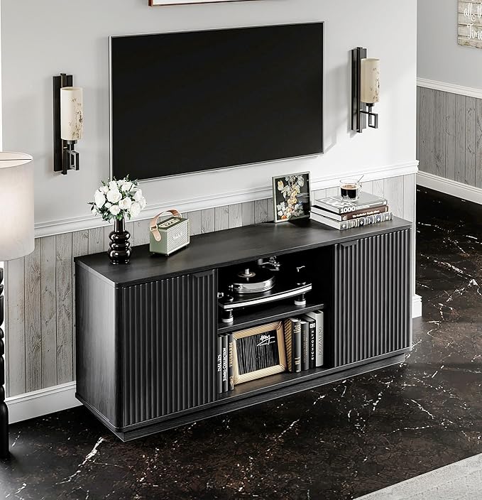 60'' Fluted TV Stand, Console Table, Mid Century Modern Curved TV Stands with Water Wave Shaped Door, Entertainment Center with Metal Handle, Living Room (Advanced Black Wood Grain)