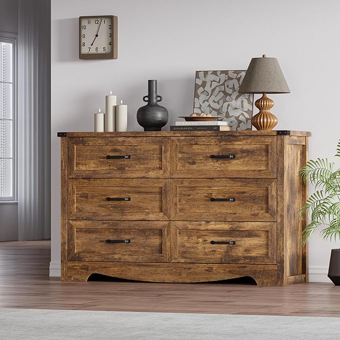 6-Drawer Dresser for Bedroom – 47" Wide Modern Wooden Chest with Natural Wood Texture, TV Stand & Storage, Metal Corner Brackets, Wood Drawer Organizer for Living Room, Hallway