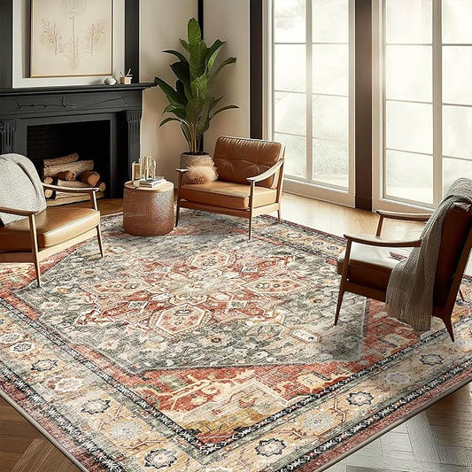 Washable Area Rug 9'x12' Red Khaki Retro Flowers Boho Design Non-Shedding Easy Care Ideal for High Traffic Areas in Living Room Bedroom Office Coffee Table Kitchen Large Carpet