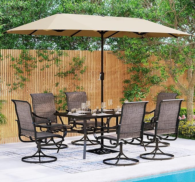 MFSTUDIO Outdoor Dining Set for 6, Patio Table and Chairs Set of 6 with Umbrella Hole, Patio Dining Set for Deck/Yard/Garden/Poolside