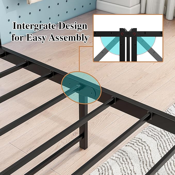Twin Bed Frame with Storage Headboard and Charging Station, Twin Size, Heavy Duty Metal Slats, No Box Spring Needed, Dark Grey