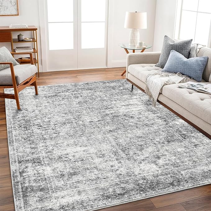 Area Rug 8x10 Washable Rug Gray Vintage Traditional Mat Distressed Indoor Foldable Thin Retro Accent Floral Non Slip Carpet Living Room Dining Room Office