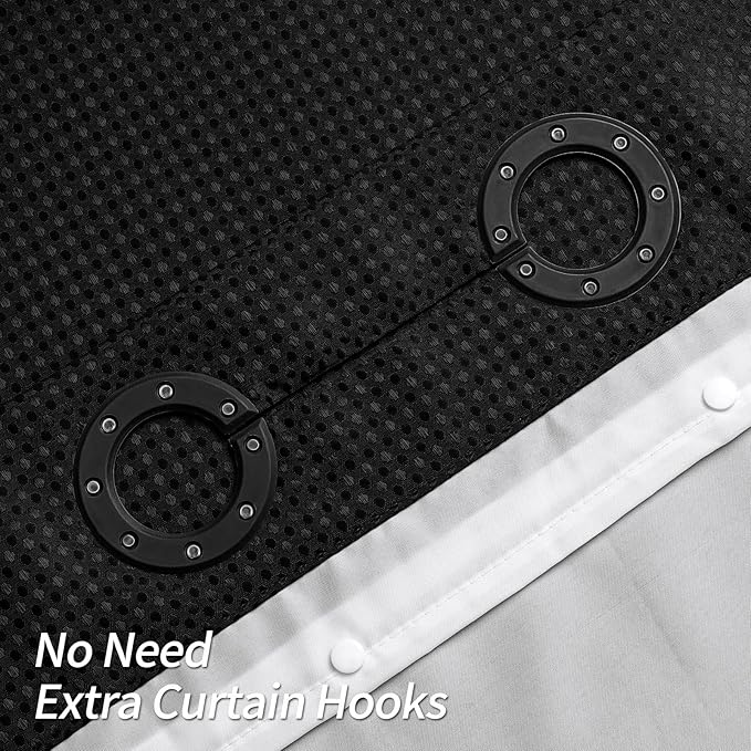 MitoVilla No Hooks Needed Extra Long Shower Curtain Set with Snap-in Liner, 86 inch XL Black Waffle Heavyweight Fabric Cloth Shower Curtains for Modern Luxury Hotel & Spa Bathroom Decor