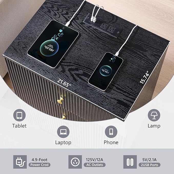 Fluted Night Stand with Charging Station, 21.65" Black Nightstand with 3 Drawer, 3 Drawer Dresser for Bedroom, Morden End Table Chests of Drawers Bedside Table for Bedroom, Living Room,Black