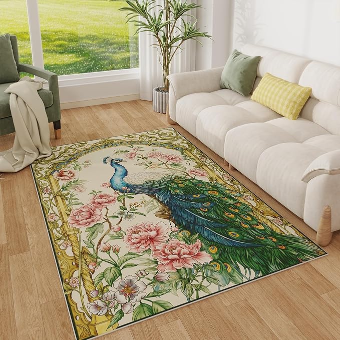 Bedroom Rug 3x5 Rug Washable Area Rug Low Pile Floral Peacock Animal Small Carpet for Bedroom, Bedside, Kitchen, Entryway, Kids Room, Office, College Dorm(Beige)