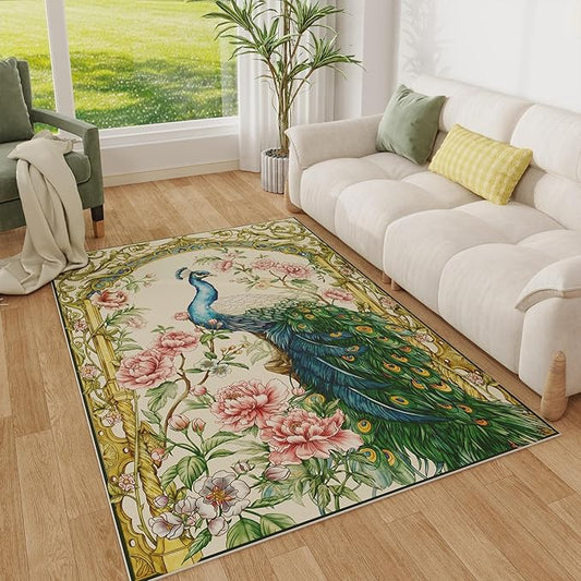 Area Rug 4x6 Rug Washable Floral Peacock Rugs Non Slip Low Pile Floral Animal Small Carpet for Bedroom, Bedside, Kids Room, Office, Dining Room (Beige)