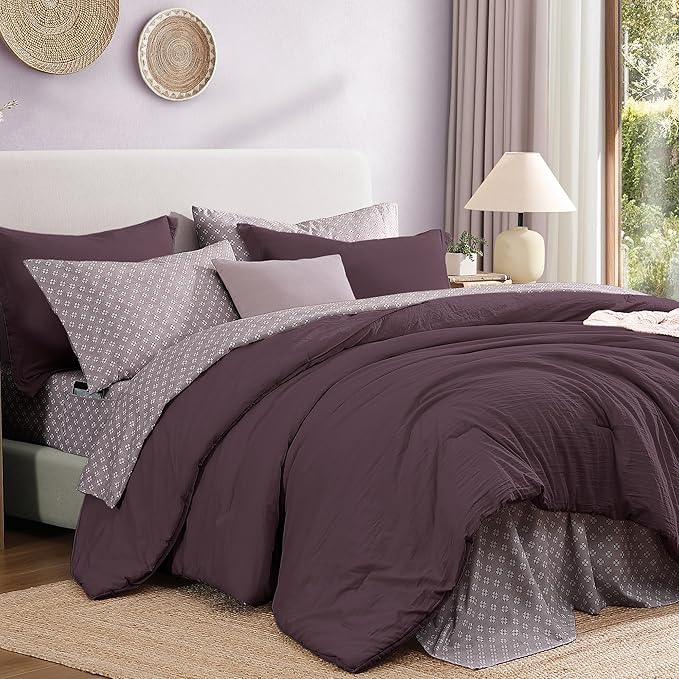 Monbix King Size Comforter Set - 7 Pieces ltalian Plum Prewashed Bed in a Bag King Bedding Sets with Comforters, All Seasons Down Alternative Comforter Bed Set with Sheets,Pillowcases & Shams