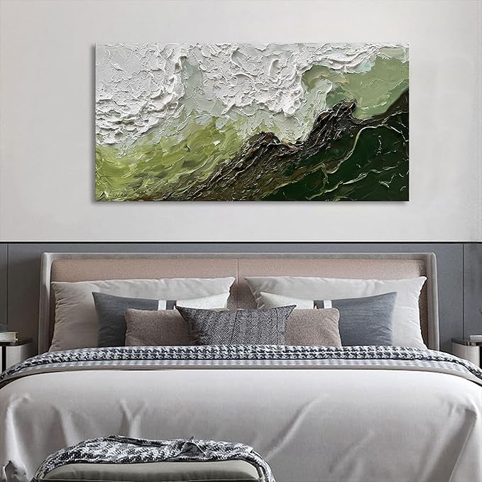 Art 24x48 Inch Hand-Painted Green and White Texture Oil Painting Modern Abstract Canvas Art Home Wall Decoration