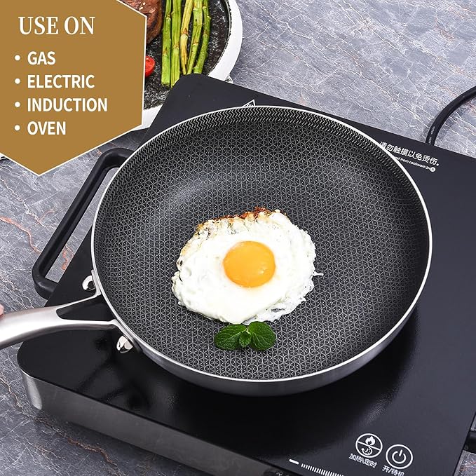 Inqibee 8.5-10 Inch Hybrid Non Stick Tri-Ply Stainless Steel Frying Pan Set with Lid,Inductiong Cooking Pans Set of 2,Dishwasher and Oven Safe