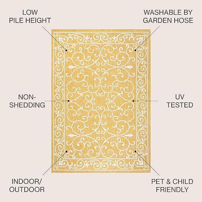 JONATHAN Y Vintage Filigree Indoor Outdoor Area Rug 3X5 Yellow/Cream, Charleston Textured Weave for Backyard, Patio, Porch, Easy-Cleaning, High Traffic, Pet-Friendly, Non-Shedding (SMB106L-3)