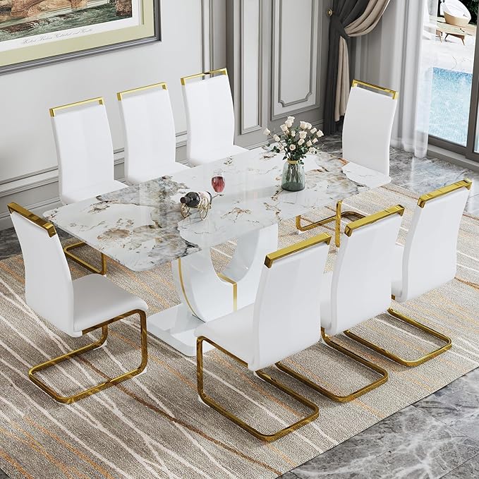 Dining Table Set for 8, Kitchen Table Chairs Set of 8, Modern Dining Room Set with 71" Marble Dinner Table PU Leather Upholstered Chairs for Kitchen