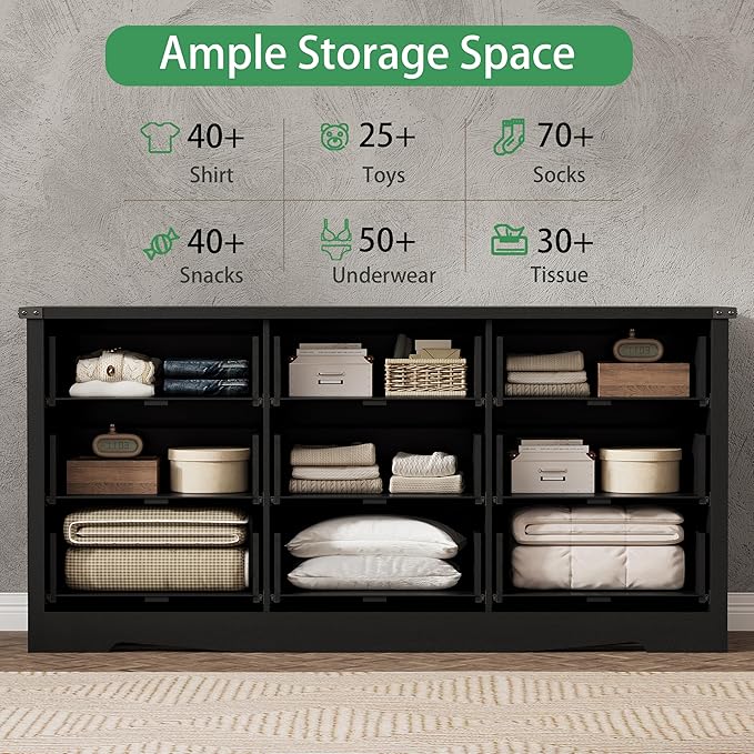 Dresser for Bedroom with 9 Drawers, 59" Wide Wood Chest of Drawers with Deep Drawers & Mental Handle, Modern Dresser TV Stand, Wooden Closet Storage Organizer for Living Room, Hallway, Entryway, Black