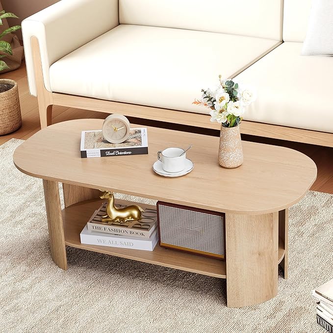 43.3” Oval Coffee Table with Storage, Wood Coffee Tables for Living Room, Farmhouse Center Table with 2-Tier Storage Shelf Low Tea Table for Small Space, Home, Office (Natural)