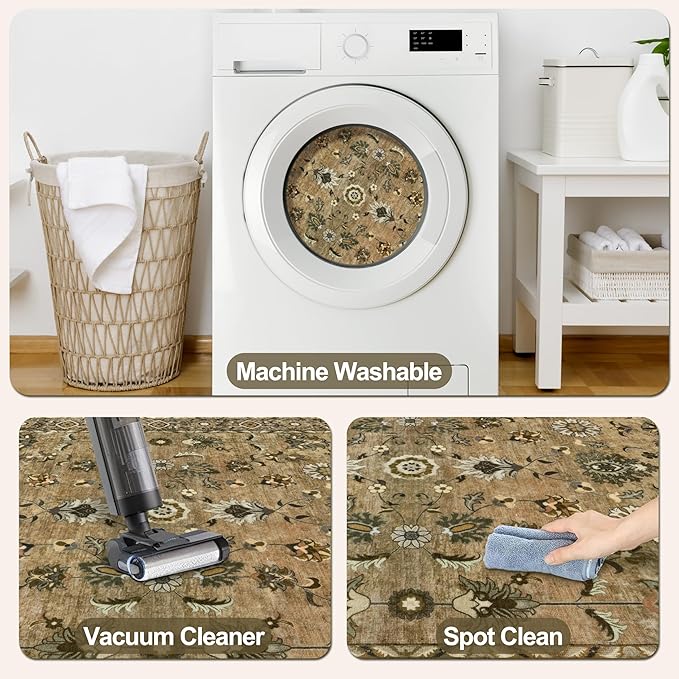 5x7 Area Rug Washable Rug for Living Room, Floral Vintage Rug Indoor Non Slip Large, Print Distressed Brown Carpet, Soft Low Pile Foldable for Bedroom Dining Room Dorm