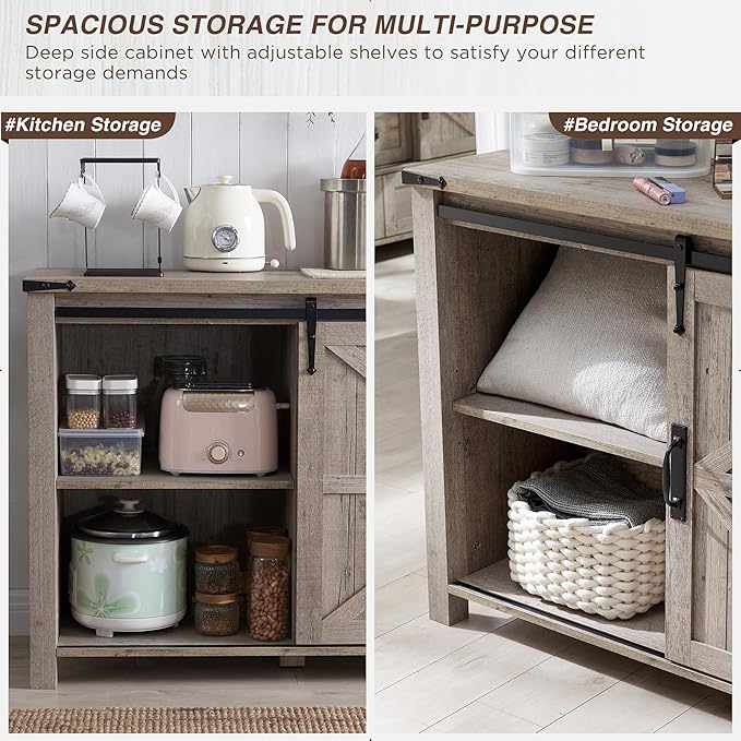 T4TREAM 60'' Farmhouse Dresser Chests for Bedroom w/4 Drawers & Sliding Barn Doors, Tall Chest of Drawers, Rustic Dresser TV Stand,Organizer for Bedroom, Living Room, Light Rustic Oak