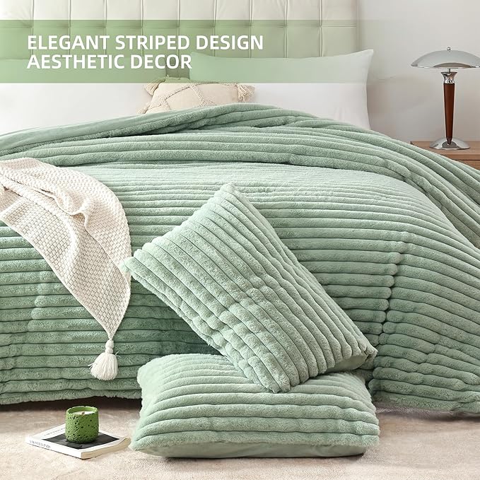 Smoofy Fluffy Queen Comforter Set 3 Pieces - Sage Green Fleece Fluffy Comforter Set, Luxury Fuzzy Queen Bedding Set, Soft Warm Bed Set All Season, Heavy Faux Fur Comforter with 2 Pillow Cases
