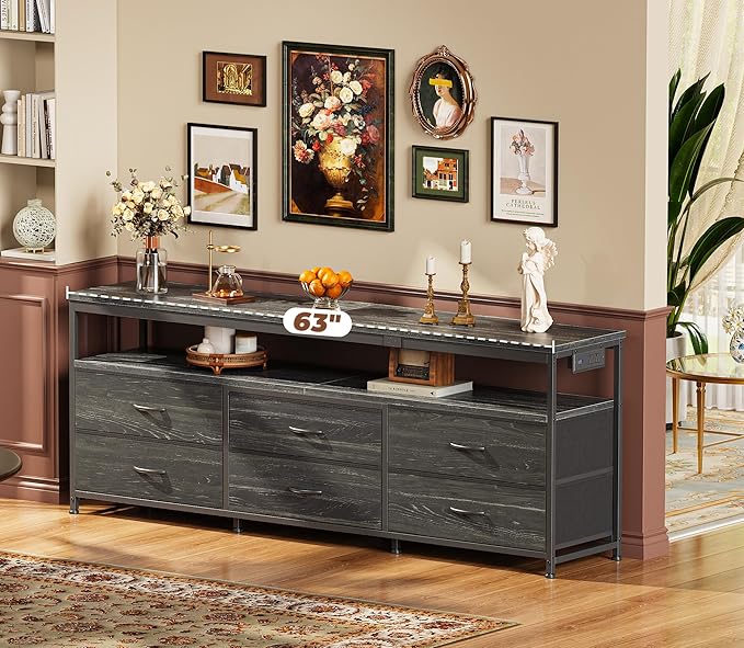 Huuger 63 Inch TV Stand for 55, 65, 70 Inch TV, Long Dresser TV Stand for Bedroom, Charcoal Black LED TV Stand with Power Outlets, Fabric Dresser with Storage, Entertainment Center for Living Room