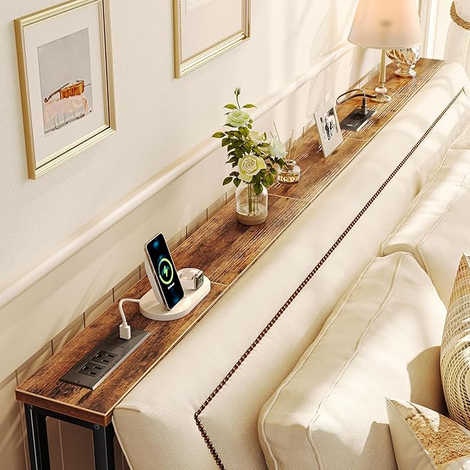 SUPERJARE 79 Inch Sofa Table with 2 Power Outlets and USB-C Ports, 5.9 Inch Narrow Console Table with Storage, Long Entryway Hallway Couch Table Behind Sofa, Small Spaces, Living Room, Rustic Brown