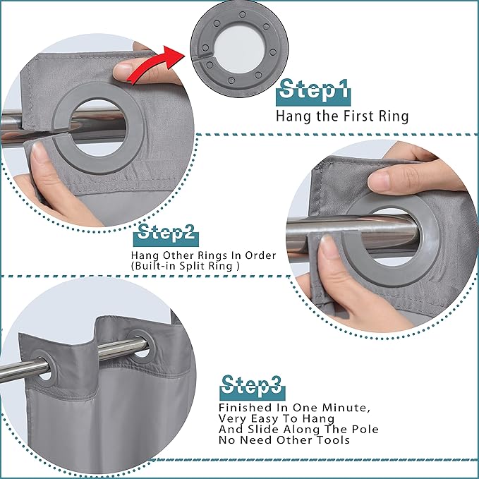 Conbo Mio No Hook Shower Curtain with Snap in Liner Set, Hotel Luxury Grey Fabric Shower Curtains for Bathroom with See Through Top Window, Washable, Waterproof 71W x 74H