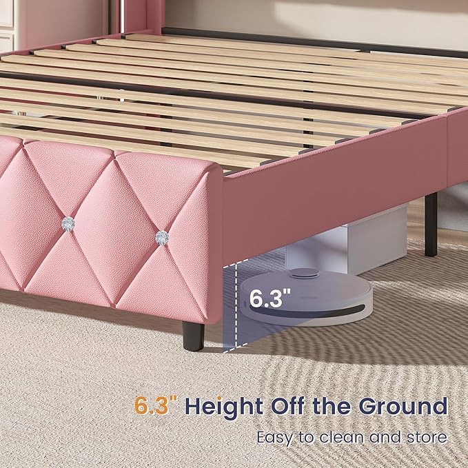 King Bed Frame and Headboard, Faux Leather Upholstered Bed with Wingback Design, Pink Bed Frame with Diamond, No Box Spring Needed, Easy Assembly