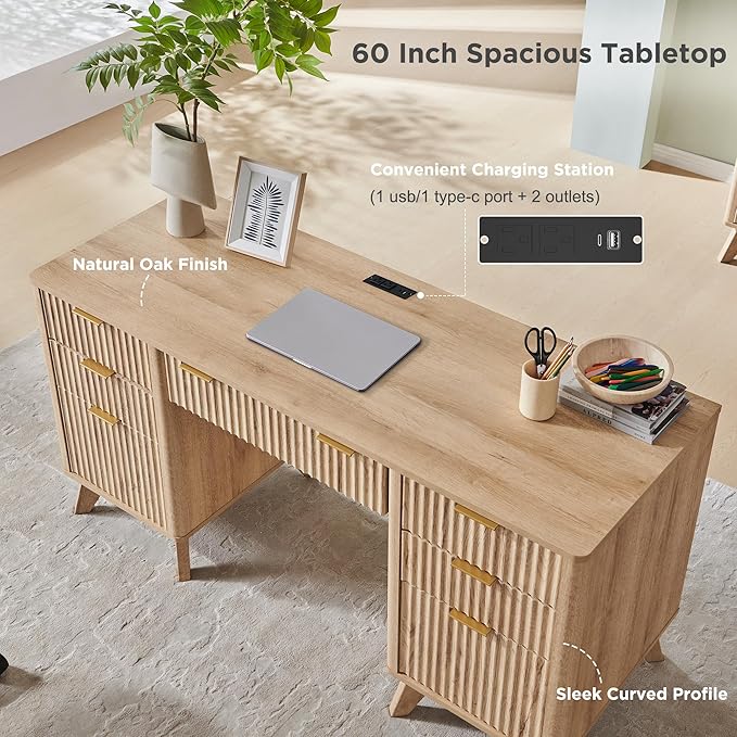 T4TREAM 60'' Fluted Executive Desk with Drawers, Modern Home Office Computer Desk with Charging Station, Keyboard Tray, File Drawer and Storage Cabinet for Study, Living Room, Bedroom, Natural Oak