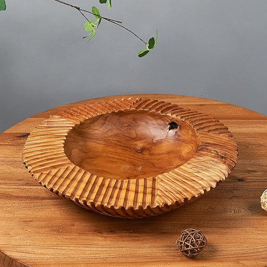 Teak Handcrafted Wooden Bowls Natural Wood Round Utility Bowl 10.9" W Handmade Rustic Serving Platter Fruit Snack Holder for Entry Table Vintage Artworks Dining Room Home Décor