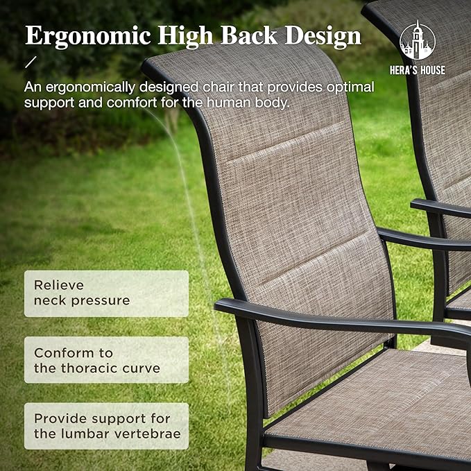 HERA'S HOUSE Outdoor Patio Dining Set of 7, 7 Piece Outdoor Table and Chairs Set of 1 Large Rectangular Patio Table and 6 Quick Dry Textilene Swivel High Back Rocking Chairs for Lawn, Park, and Garden