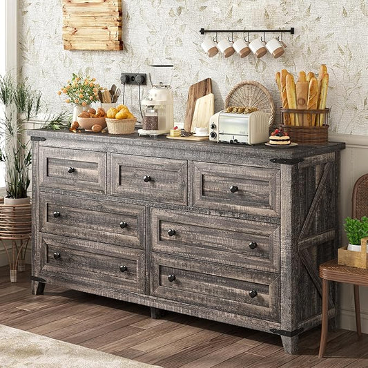 Farmhouse Dresser & Chest of Drawers, 7 Drawer Dresser with Smooth Metal Rails, Wide Large Storage Drawers and TV Stand for Bedroom, Hallway, or Closet