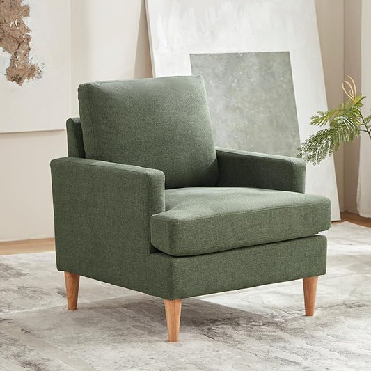 VKNOW Mid-Century Accent Chair, Modern Upholstered Chenille Armchair for Living Room,Comfy Reading Accent Chairs with Wood Legs for Bedroom, Green Polyester