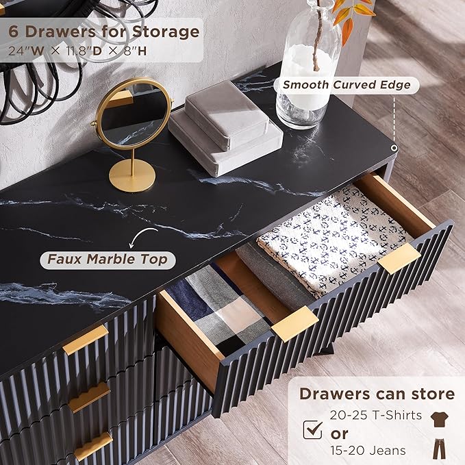 T4TREAM Fluted 6 Drawers Dresser, 54" Wide Modern Chest of Drawers with Faux Marble Top, Curved Profile Design, Dresser TV Stand, Wood Drawer Organizer for Bedroom, Living Room, Hallway, Dark Grey