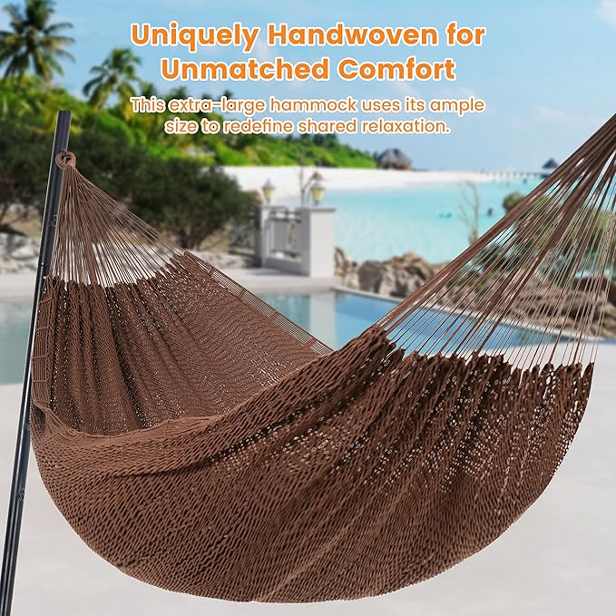 Lazy Daze Hammocks Handwoven Mayan Hammock, 10.5 FT Soft Rope Double Hammocks, Portable Outdoor Hammock with Carry Bag, 2 Straps & carabiners for Patio Outside, 550 lbs Weight Capacity, Coffee