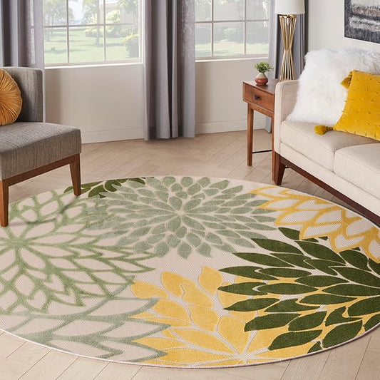 Nourison Home Aloha Indoor/Outdoor Green Multicolor 7'10" x Round Area Rug, Easy-Cleaning, Non Shedding, Bed Room, Living Room, Dining Room, Backyard, Patio, Deck (8 Round)