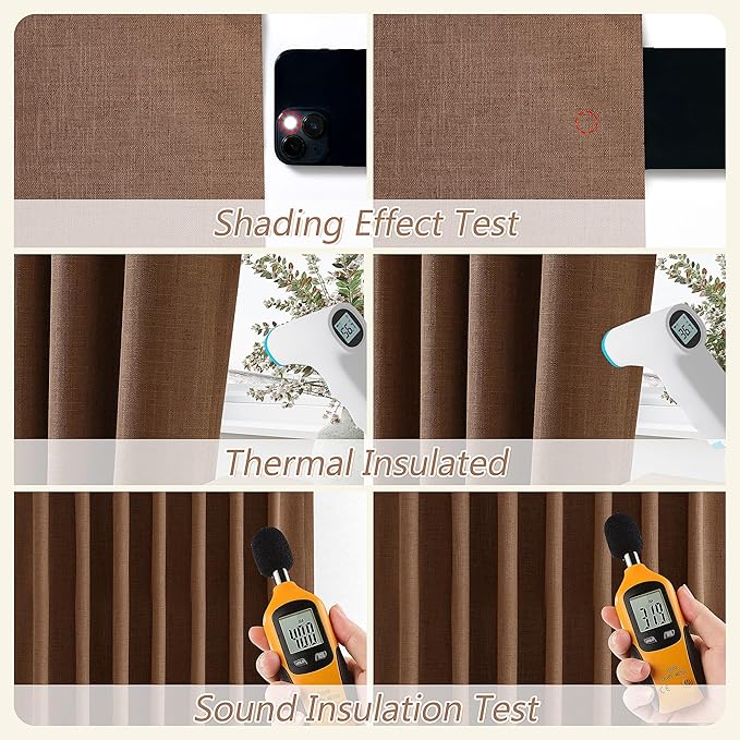 Guken 100% Blackout Linen Curtains 120 Inch Length 2 Panels Set for Living Room Bedroom Back Tab Thermal Insulated Black Out Linen Drapes Room Darkening Window Curtains,Caramel Brown