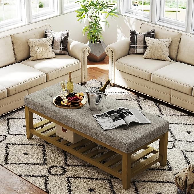 Large Rectangular Upholstered Ottoman Bench, Linen Tufted Footrest Ottoman with Solid Wood Shelf Storage Coffee Table for Bedroom Living Room, Linen
