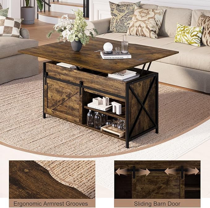 Lift Top Coffee Table with Storage and Sliding Door, 4 in 1 Multi-Function Convertible Tea Table with Hidden Compartment, Farmhouse Center Table with Wood Lift Tabletop for Living Room Brown