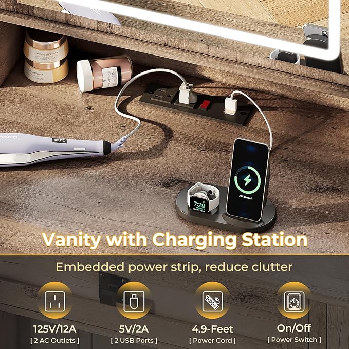 Makeup Vanity Desk with Lights, 47.2" Farmhouse Vanity Table with Sliding Mirror & Charging Station, Large Makeup Desk with 5 Drawers & 2 Cabinets, Rustic Oak