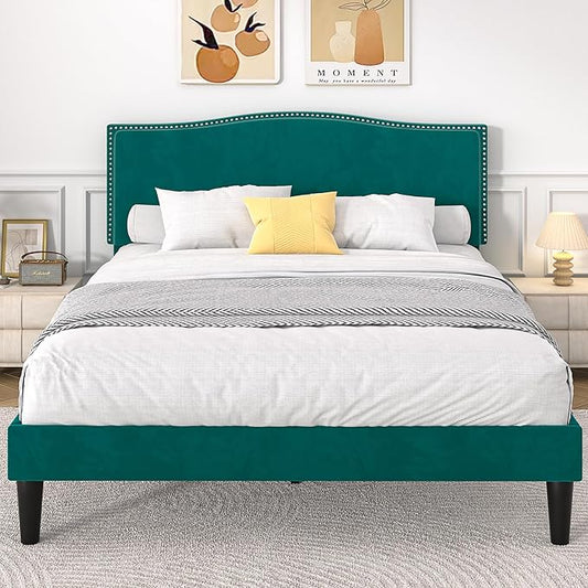 VECELO Queen Bed Frame Platform Bed with Upholstered Headboard, Strong Frame and Heavy-Duty Slats Support, Non-Slip and Noise-Free, Easy Assembly,Dark Green