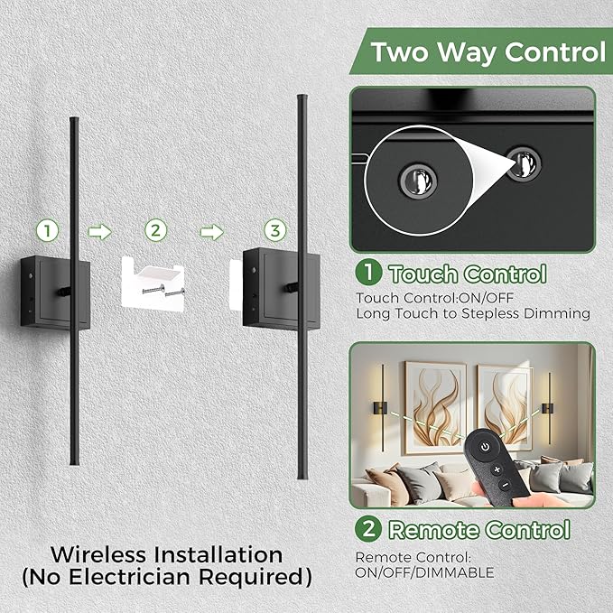DORESshop Battery Operated Wall Sconces Set of Two with Remote Control, Rechargeable Wall Sconce, 350°Rotate Dimmable Wireless Wall Sconce for Living Room, Hallway, Bedroom, 31.6 Inch, Black(2 Pack)