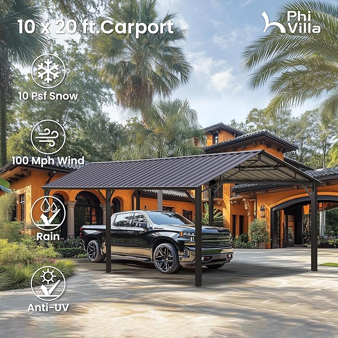PHI VILLA 10 x 20 ft Carport Metal Carports with Galvanized Steel Roof, Sturdy Heavy Duty Metal Carport for Cars, Boats, and Tractors