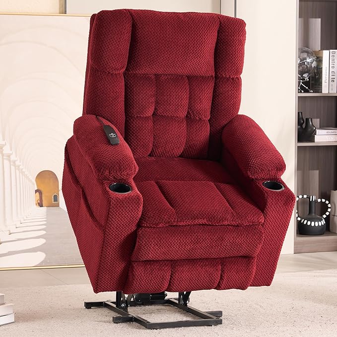 SALOHZA Power Lift Recliner Chair for Elderly with Massage and Heat for Living Room, Electric Recliner Chair for Adults with USB/Type C Port/Cup Holders, Velvet Fabric, Burgundy